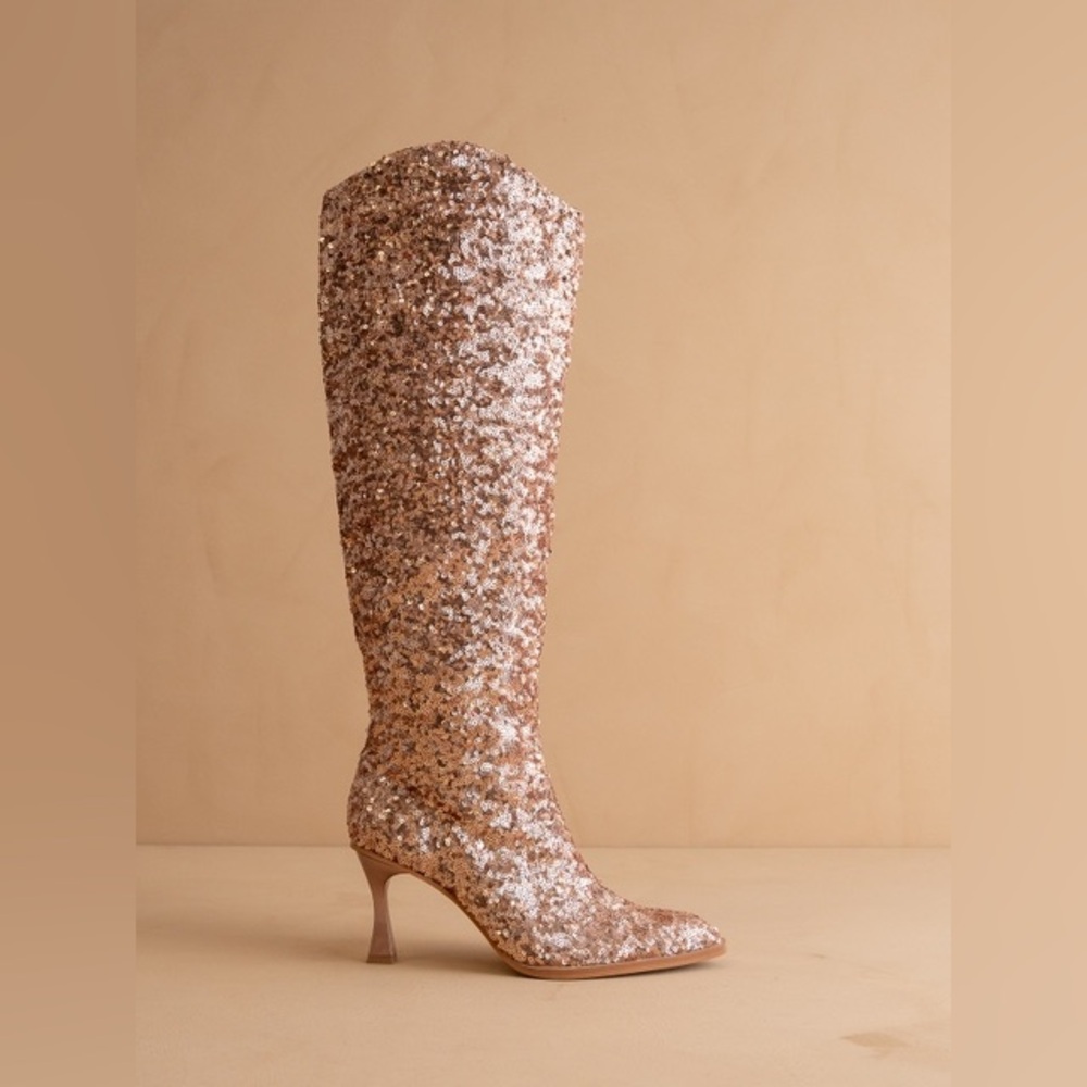 Pyramid Heel Knee High Sequin Boots - Oasis Society